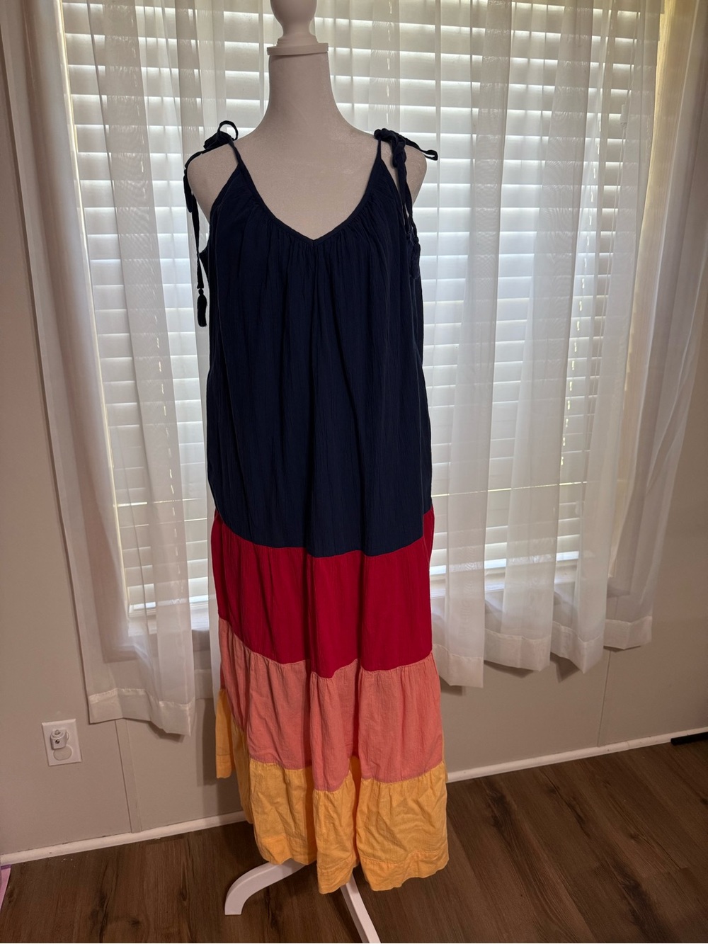 Colorblock Tie-Shoulder Maxi Dress - Navy, Red, Coral & Yellow